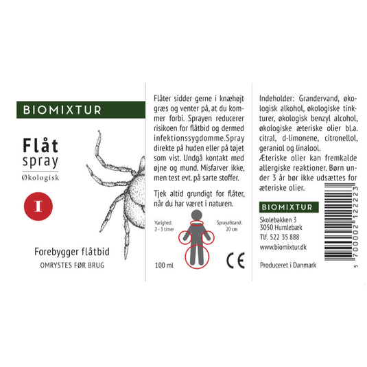 Økologisk flåtspray reducerer risikoen for flåtbid og dermed risikoen for borrelia og andre alvorlige infektionssygdomme. Sprayen er let at bruge. Du kan spraye direkte på huden eller på tøjet. Produceret i Danmark.