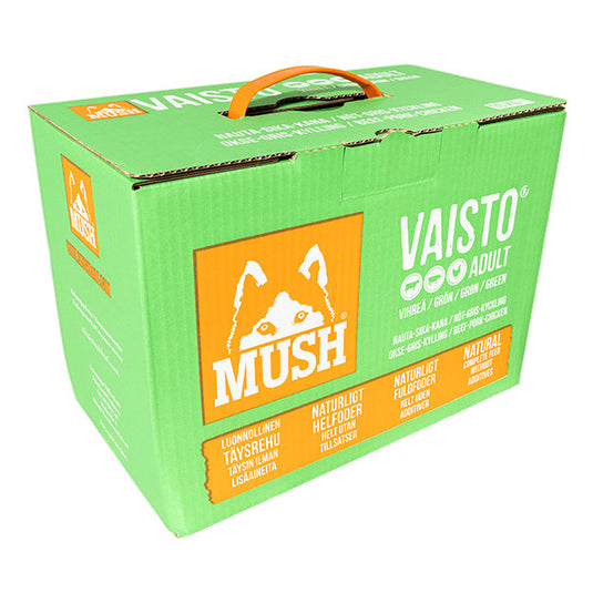 Voksen foder fra MUSH i 10kg kasser. Arthurs Barf i Hørsholm