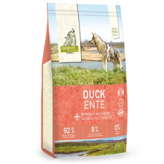 Isegrim Green Hills, Adult, Duck til voksen hund, 92/8/0  høj mængde kød, uden korn, med grønsager fra Arthurs Barf i Hørsholm