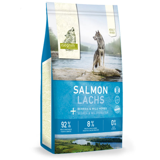 Isegrim River, Adult, Salmon/Laks til voksen hund, 92/8/0 høj mængde kød, med grønsager, helt uden korn fra Arthurs Barf i Hørsholm