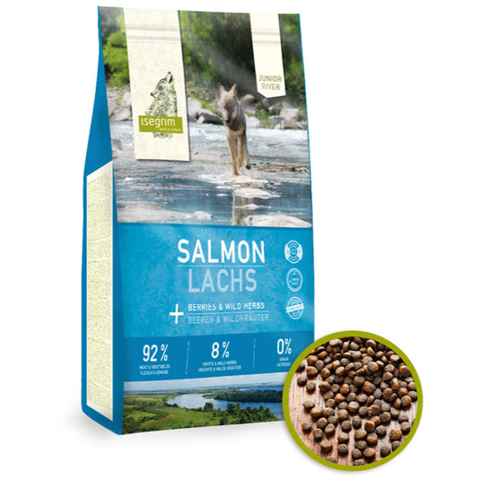 Isegrim River, Junior, Salmon/Laks til voksen hund, 92/8/0 høj mængde kød, med grønsager, helt uden korn fra Arthurs Barf i Hørsholm