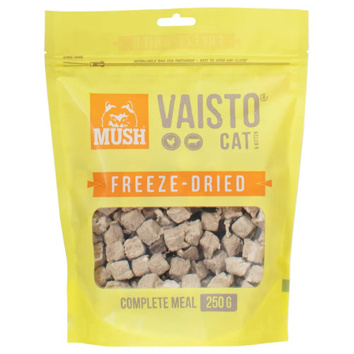 MUSH Vaisto Kat Gul Frysetørret (kylling og okse) er et frysetørret fuldfoder til katte i alle aldre. 