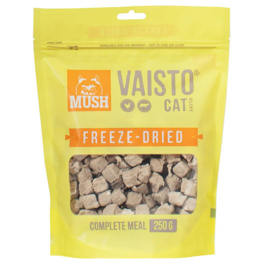 MUSH Vaisto Kat Gul Frysetørret (kylling og okse) er et frysetørret fuldfoder til katte i alle aldre. 