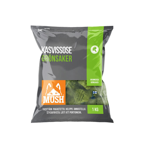 Mush Grøntsager fra Arthurs Barf med Icebergsalat, broccoli, spinat, agurk, koldpresset solsikkeolie, camelina-olie, citrusfiber.