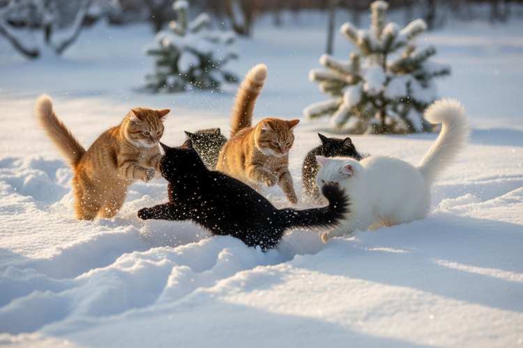 cats playing in the snow